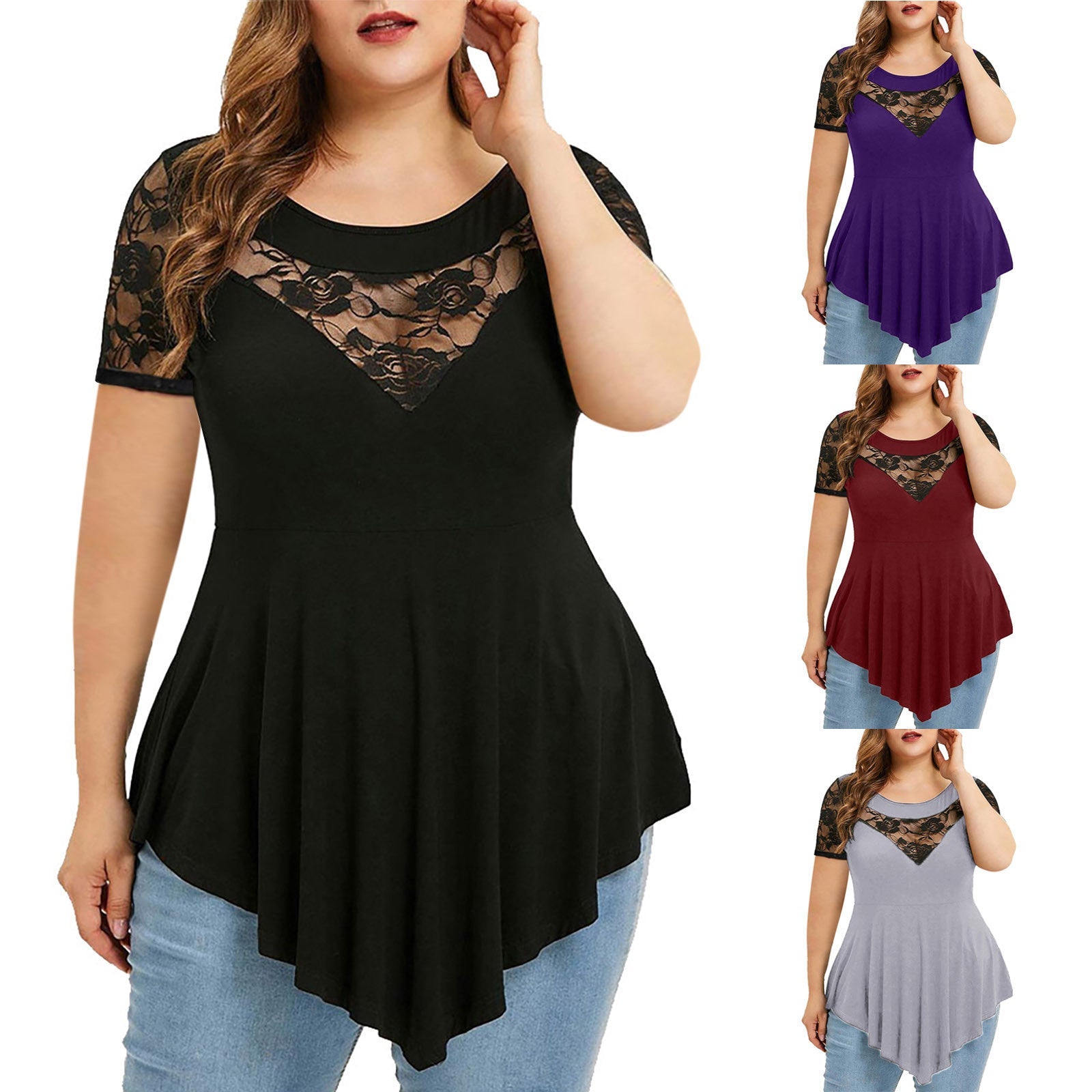 Plus Size Floral Lace Irregular Hem Blouse — shop and try on with AI characters
