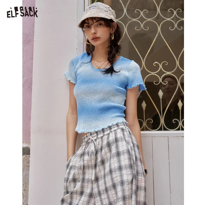 ELFSACK 2025 Summer Black Fungus Edge Round Neck Short Sleeve Casual Knitted Sweater For Women — shop and try on with AI characters