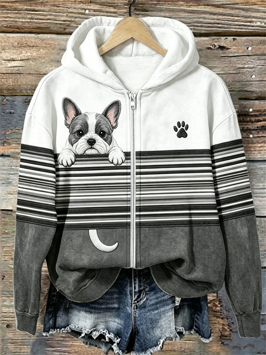 Women's Peeking French Bulldog Striped Contrast Color Full Zip Hoodie — shop and try on with AI characters