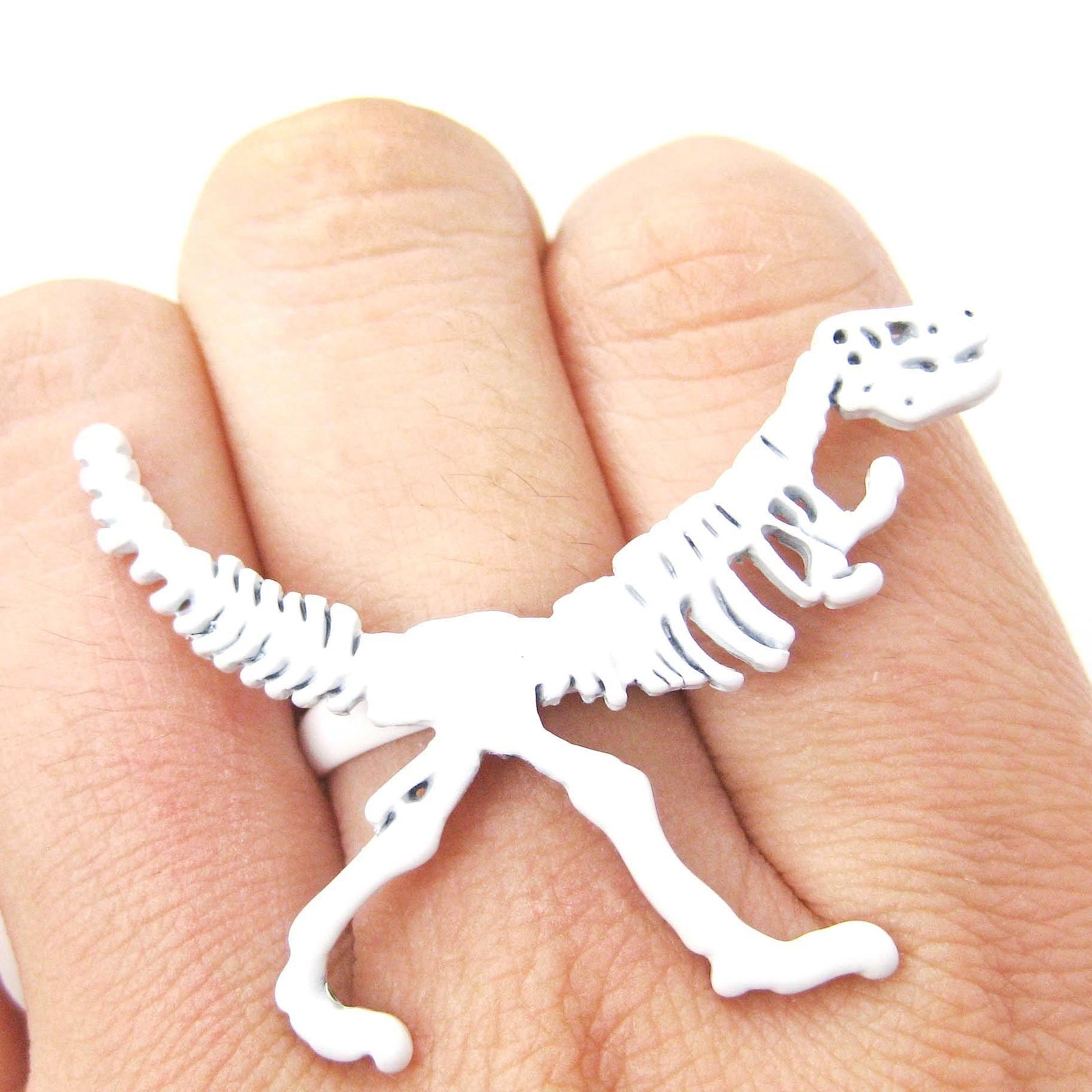 T-Rex Dinosaur Fossil Skeleton Bones Adjustable Ring in White — shop and try on with AI characters