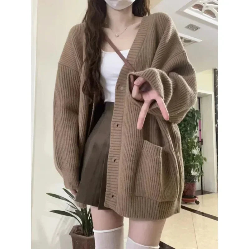 2024 New Preppy Style Women's Knit Sweater Cardigan Loose Fit V-neck Versatile Solid Color Korean Version Pullovers — shop and try on with AI characters