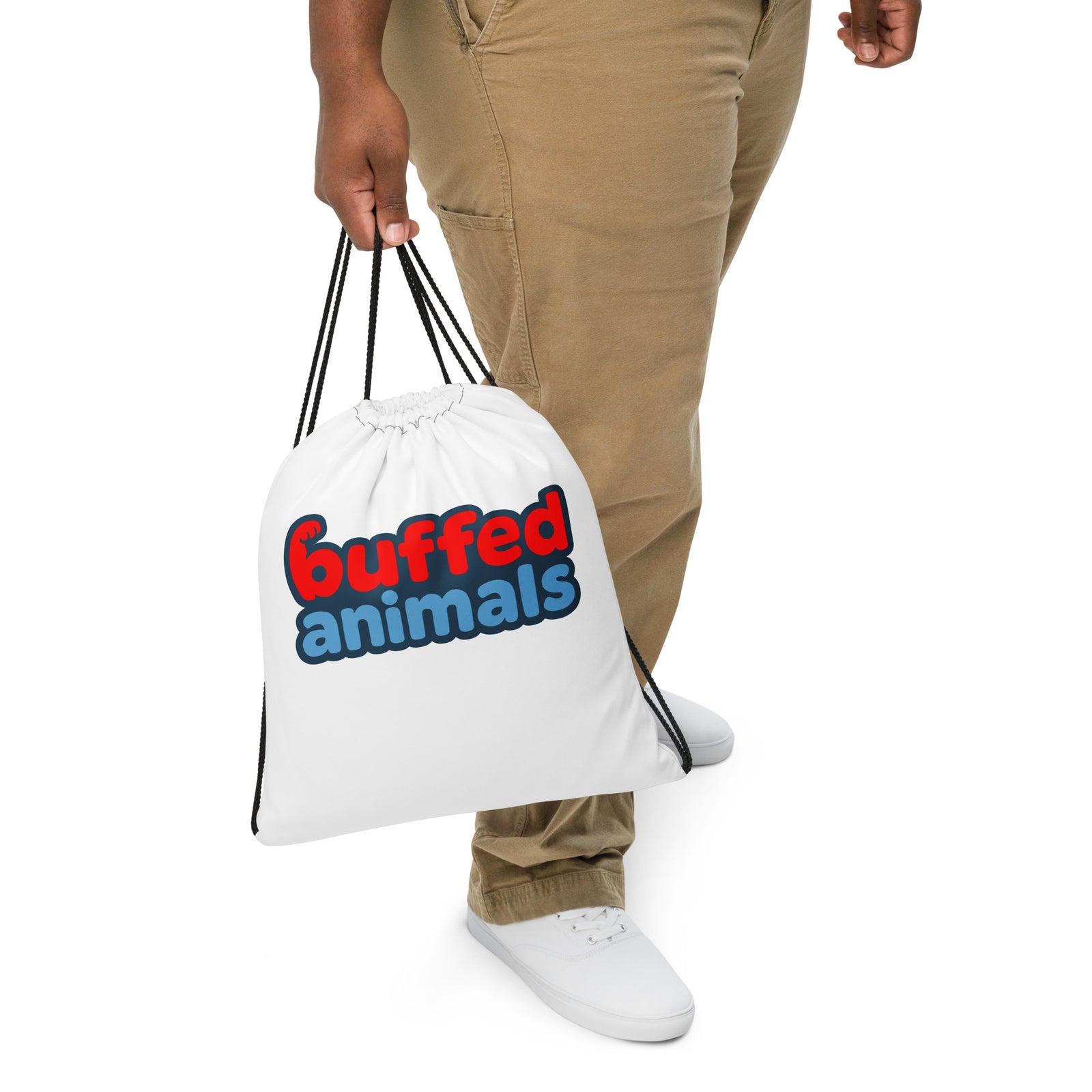Buffed Animals Logo Drawstring Bag — shop and try on with AI characters