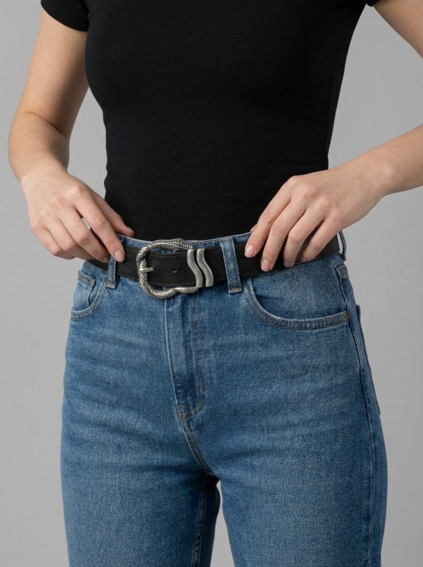Women's "Midnight Serpent" Leather Belt — Antique Silver Edition — shop and try on with AI characters