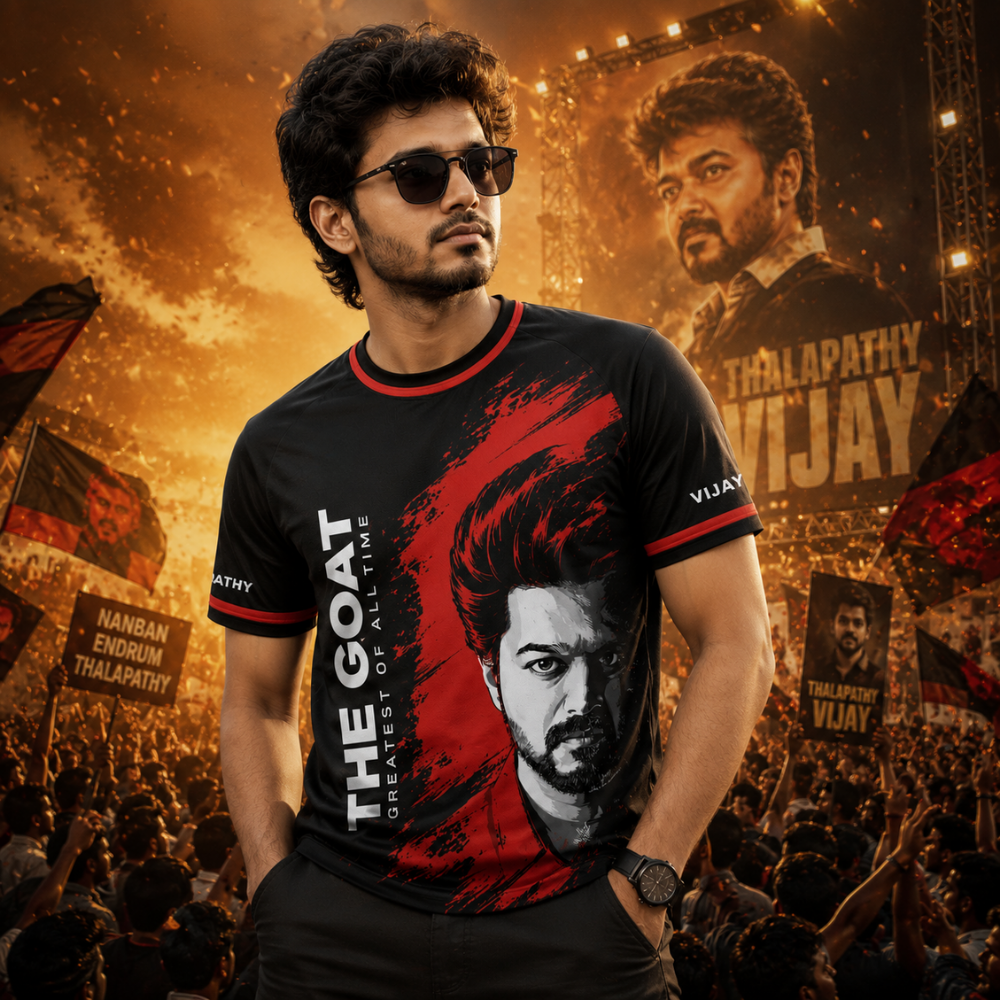 The G.O.A.T. Thalapathy Vijay Fan T-Shirt for Men | Premium Black Half Sleeve Graphic Jersey — shop and try on with AI characters