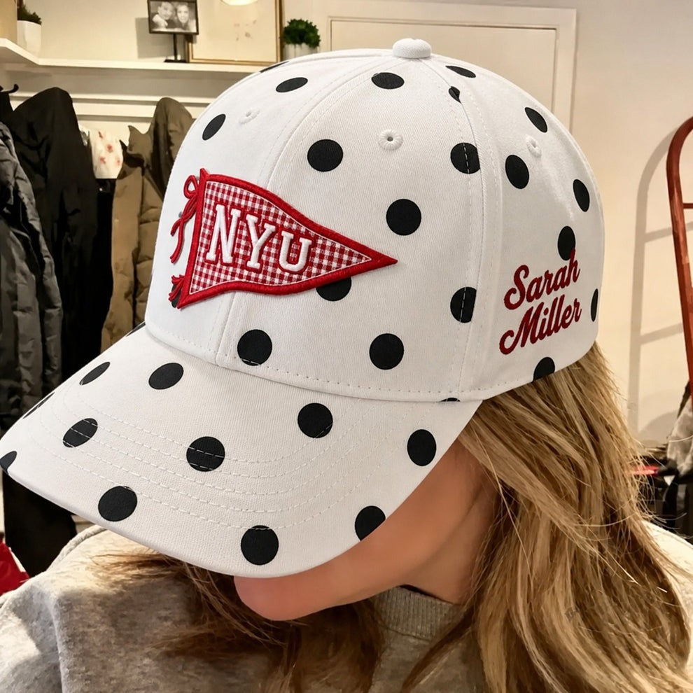 Custom University Embroidered Polka Dot Pennant Hat – Applique Letter Gameday Cap | Game Day Wear — shop and try on with AI characters