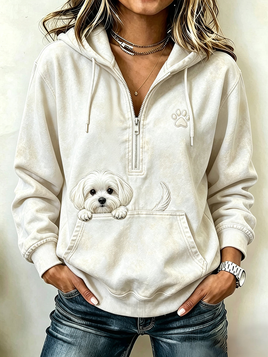 Women's Vintage Peeking Maltese Dog & Paw Print Hooded Zipper Hoodie — shop and try on with AI characters