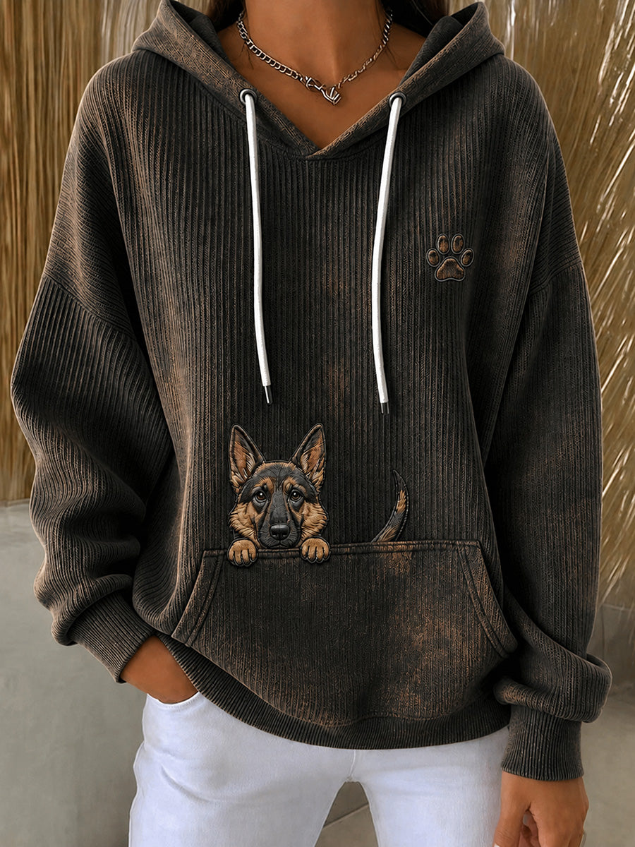 Women's Cute Peeking German Shepherd & Paw Print Comfy Hoodie — shop and try on with AI characters