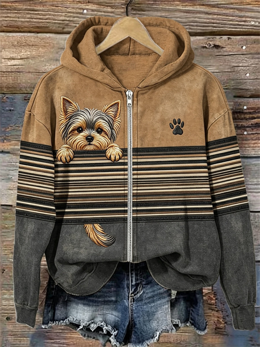 Women's Peeking Yorkshire Dog Striped Contrast Color Full Zip Hoodie — shop and try on with AI characters