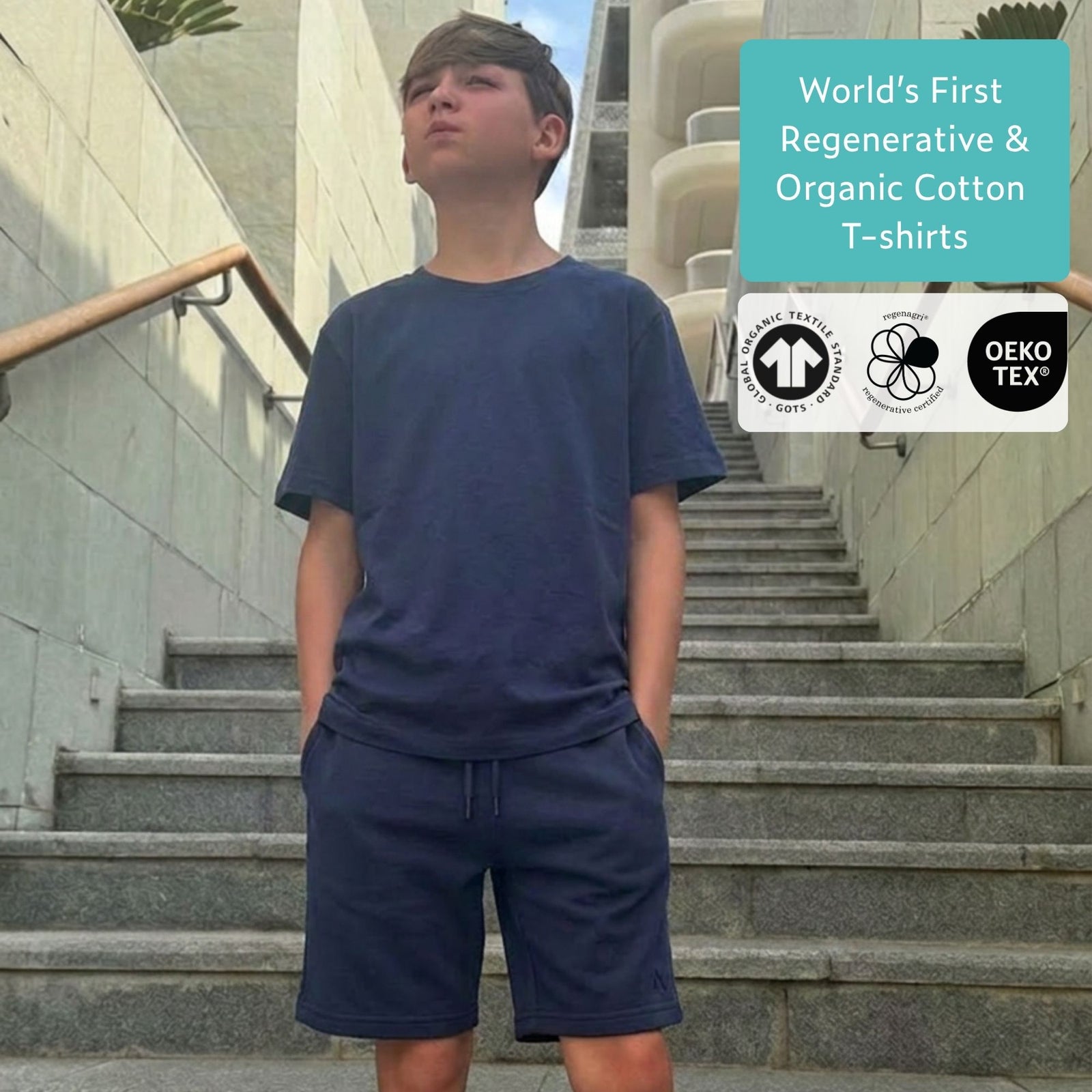 Organic Cotton Boys Navy T-Shirt & Jersey Shorts Set — shop and try on with AI characters