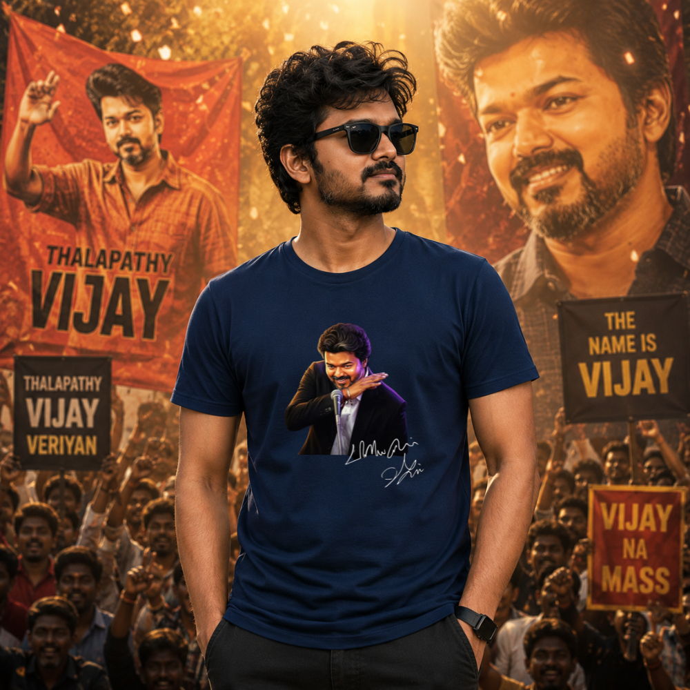 Thalapathy Vijay T Shirt for Men – Vijay Fan Printed Navy Blue T-Shirt — shop and try on with AI characters