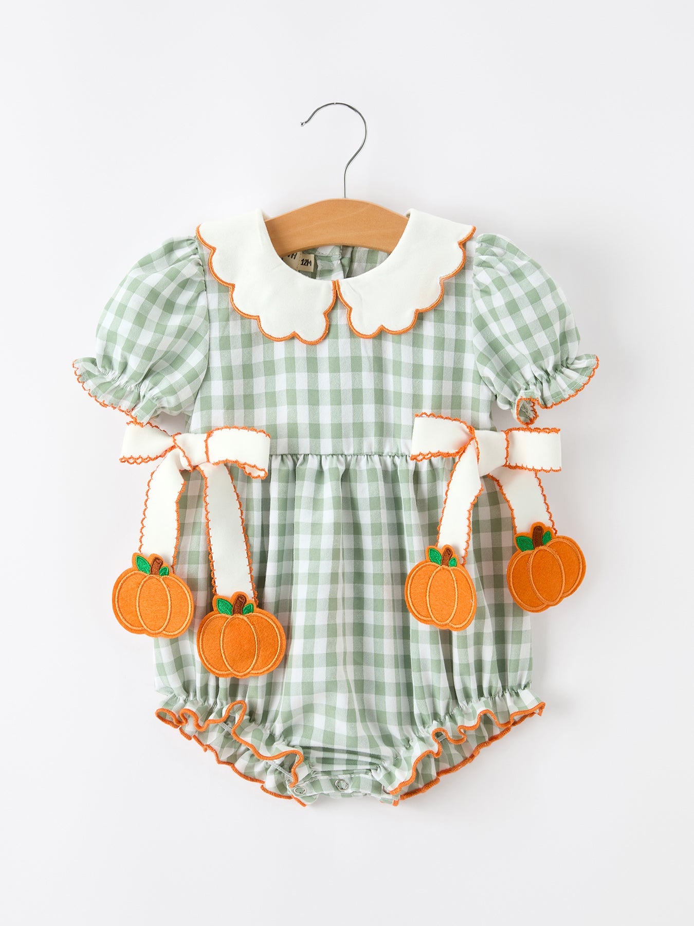 Fall Plaid Baby Girl Romper Pumpkin Bow Peter Pan Collar — shop and try on with AI characters