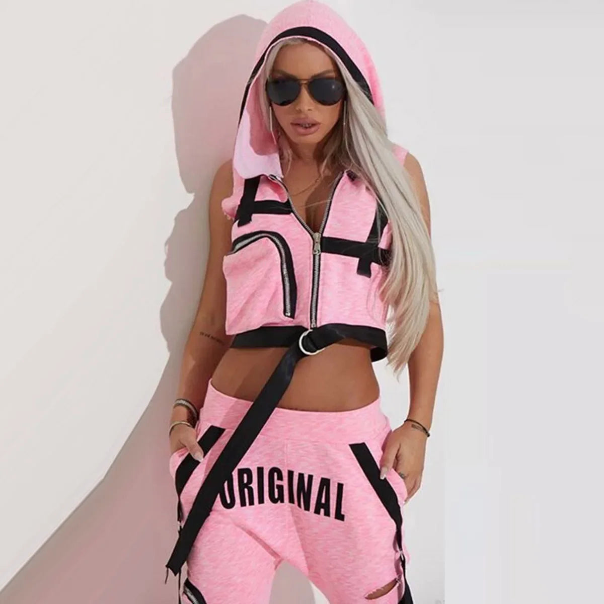 Women’s Hooded Vest & Ripped Pants Set Streetwear — shop and try on with AI characters