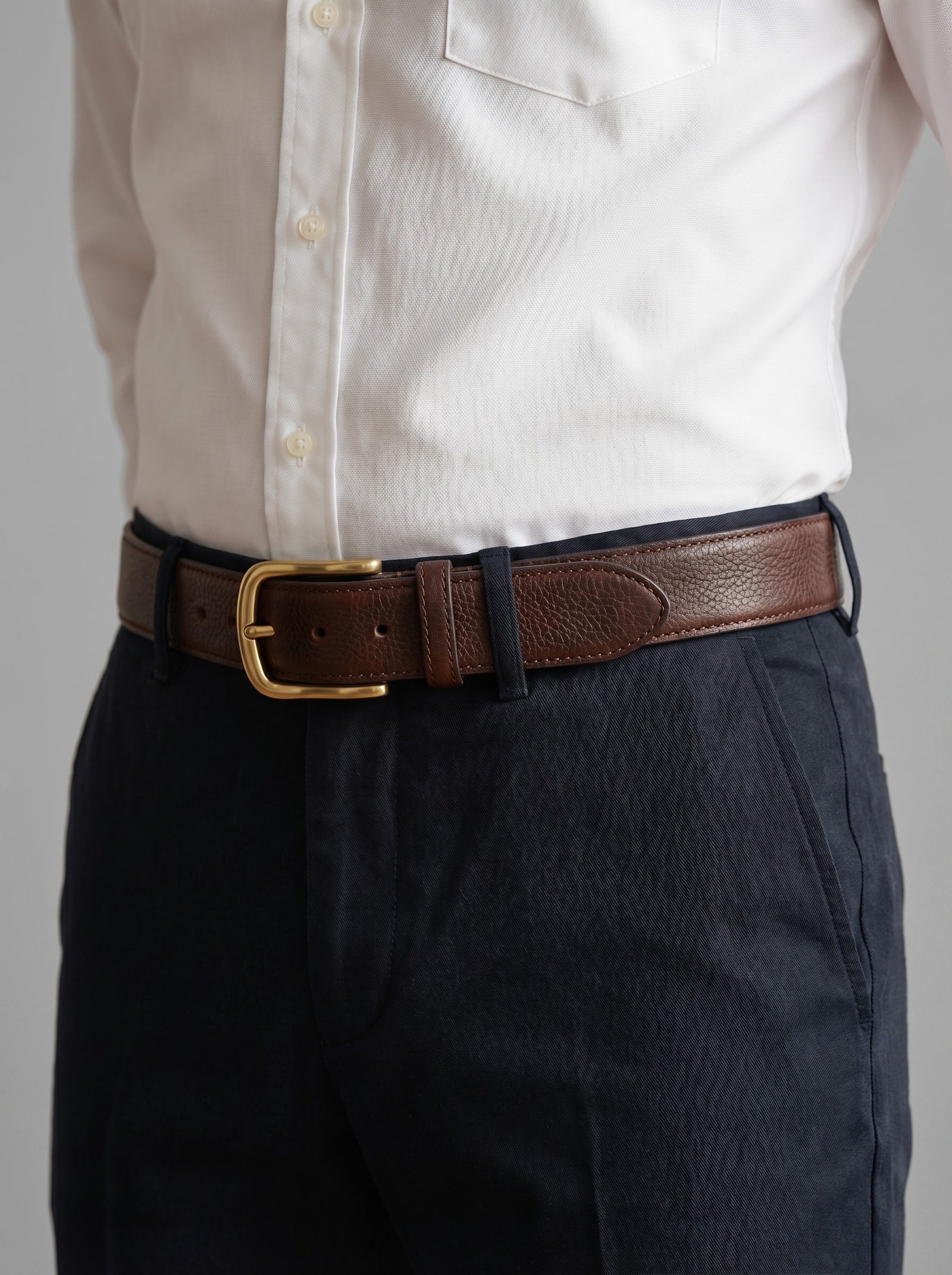 Men's Heritage Pebbled Leather Belt — Espresso & Brass — shop and try on with AI characters