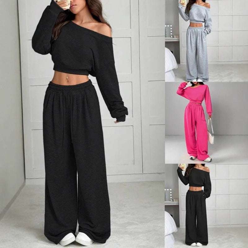 Women's Fashion Slim-fit Off-the-shoulder Navel Solid Color Casual Pants Suit — shop and try on with AI characters