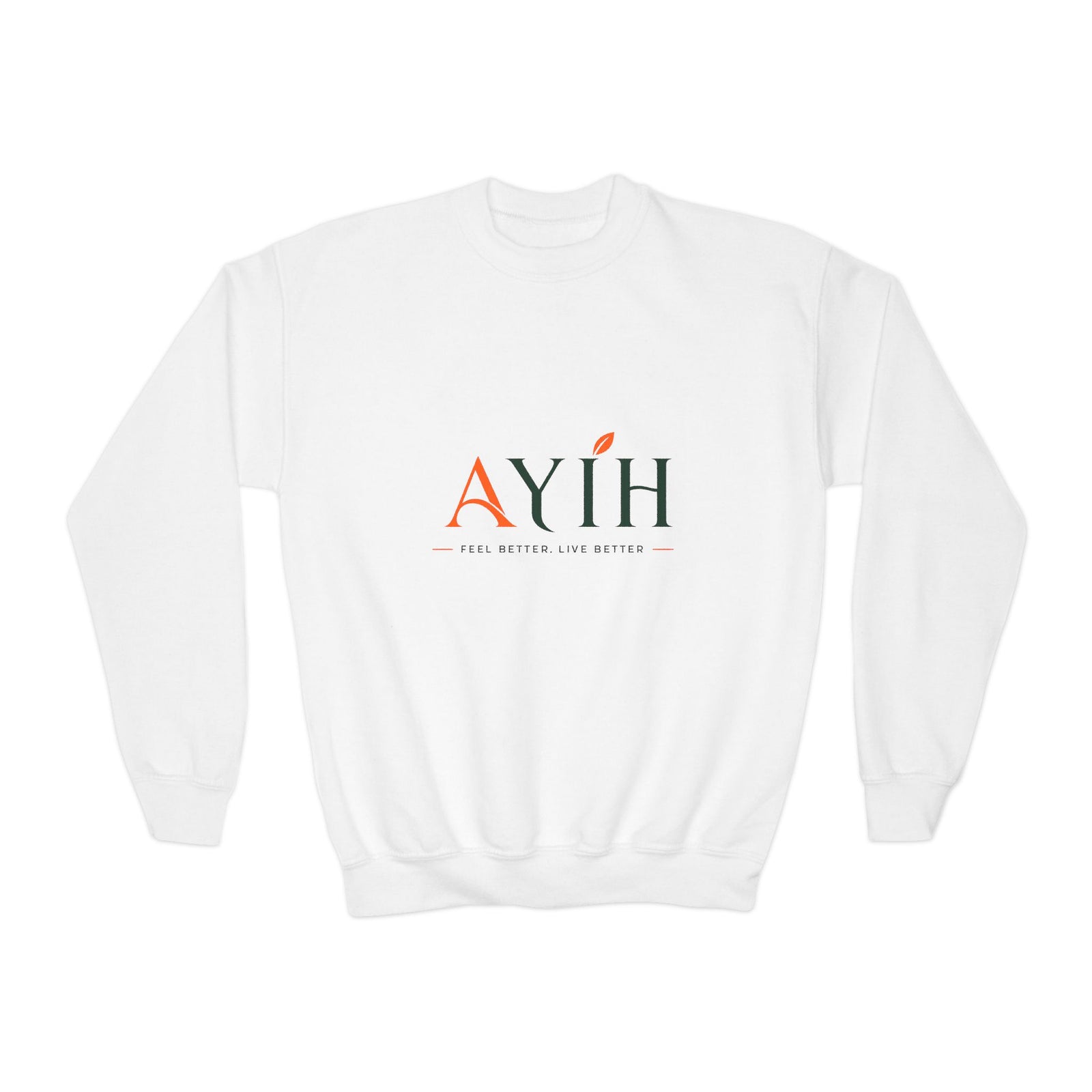 Kids Crewneck Sweatshirt — AYÍH Logo Pullover (Feel Better, Live Better) — shop and try on with AI characters