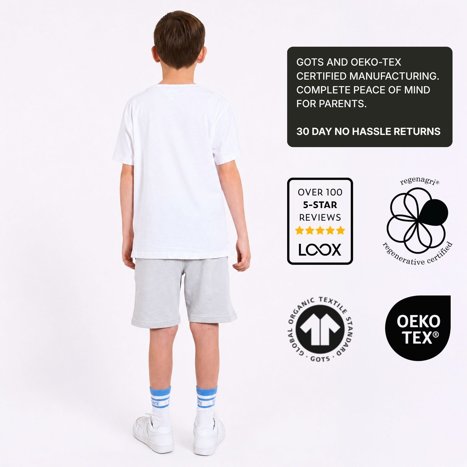 Organic Cotton Boys White T-Shirt & Grey Shorts Summer Set — shop and try on with AI characters