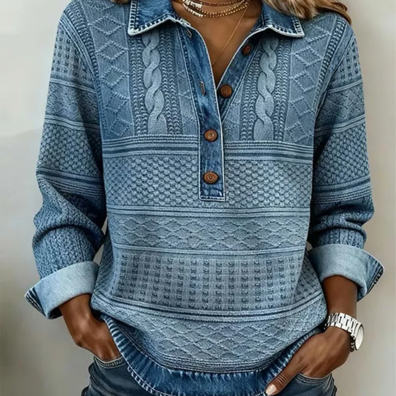 ⏰Last Day Sale 50% Off 💃 Women’s Denim Patchwork Lapel Long-Sleeve Shirt — shop and try on with AI characters