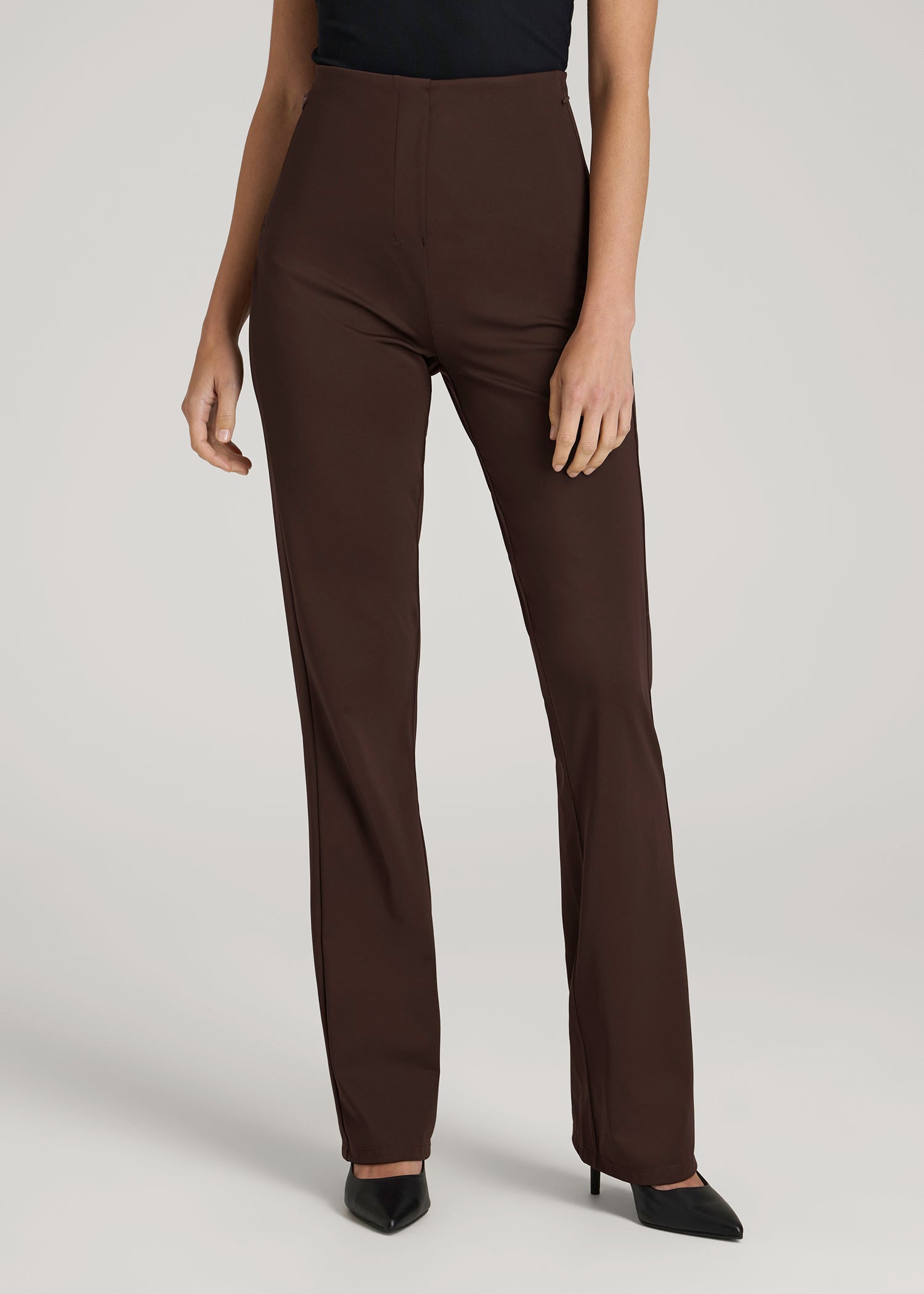 High Rise Pull On Mini Flare Pant for Tall Women in Espresso — shop and try on with AI characters