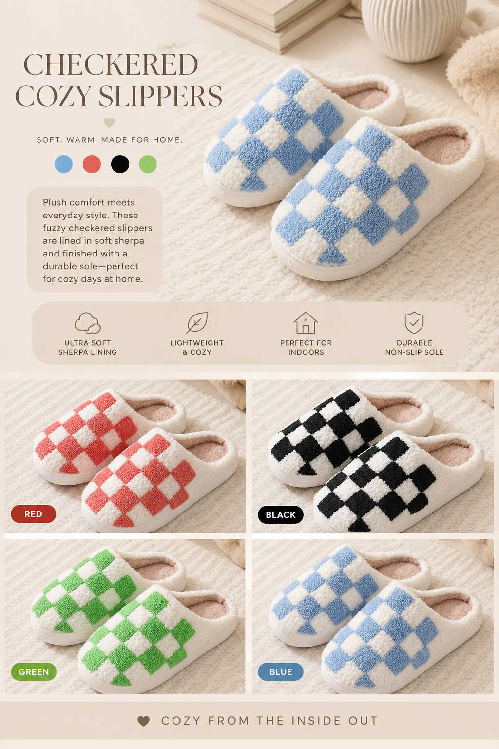 PREORDER: Checkered Cozy Slippers 8.24.26 OSYM — shop and try on with AI characters