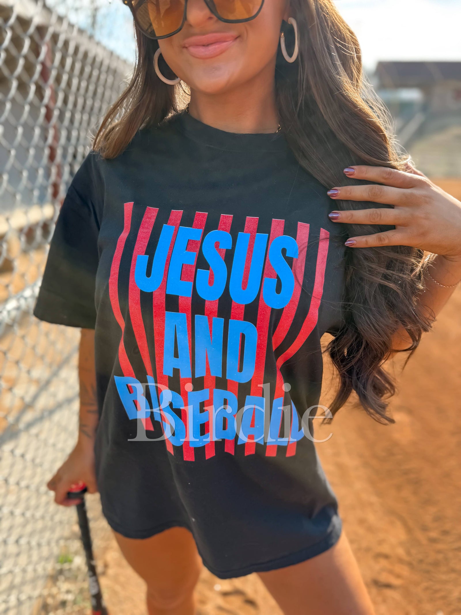 Jesus and Baseball Graphic Tee on Black — shop and try on with AI characters