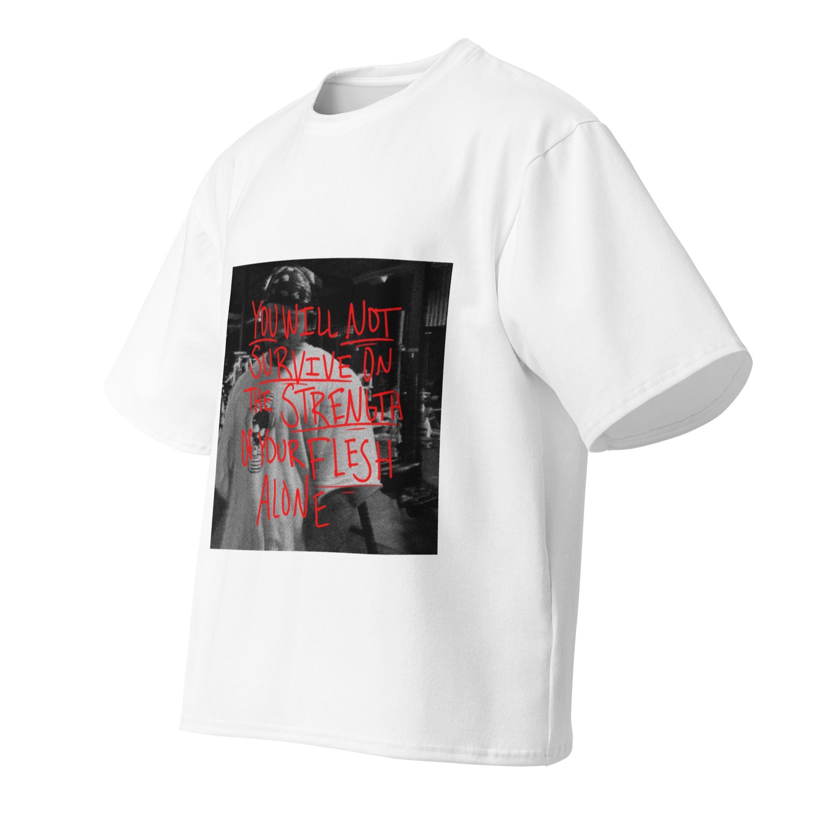 Oversized GRAPHIC "YOU WILL NOT SURVIVE" Boxy T — shop and try on with AI characters