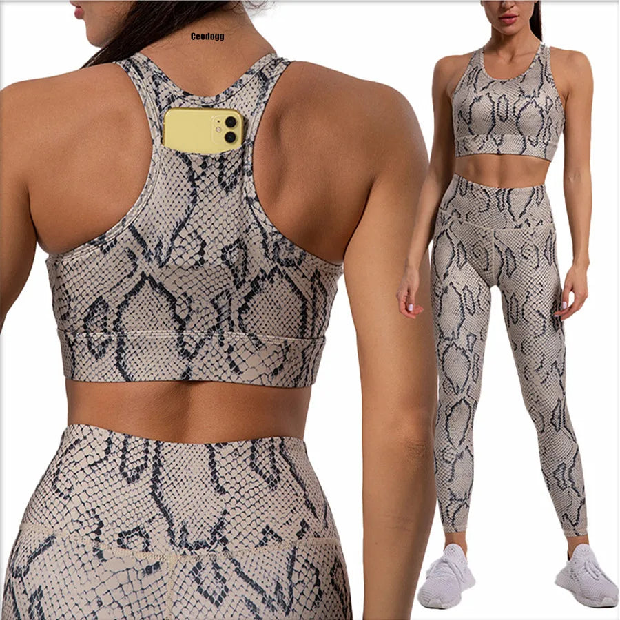 Snake Skin Sport Set Women Gym Outfit Workout Clothes Sportswear Yoga Suit for Fitness Gym Leggings Set Active Wear — shop and try on with AI characters