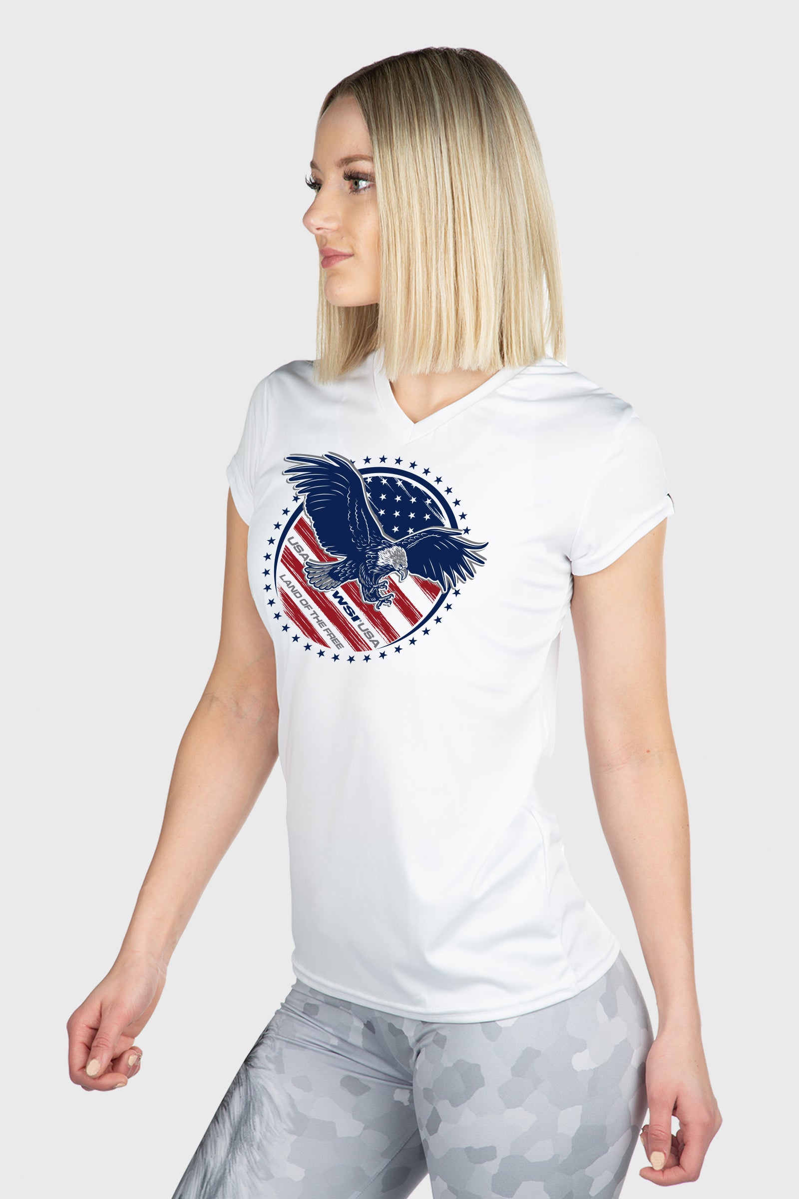 Microtech™ Women's Land of the Free Short Sleeve V-Neck Shirt — shop and try on with AI characters