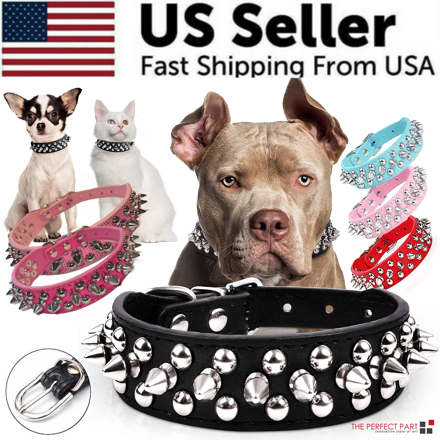 Spiked Studded Leather Dog Collar Rivets Pet Small Large Cat Pit Bull Adjustable — shop and try on with AI characters