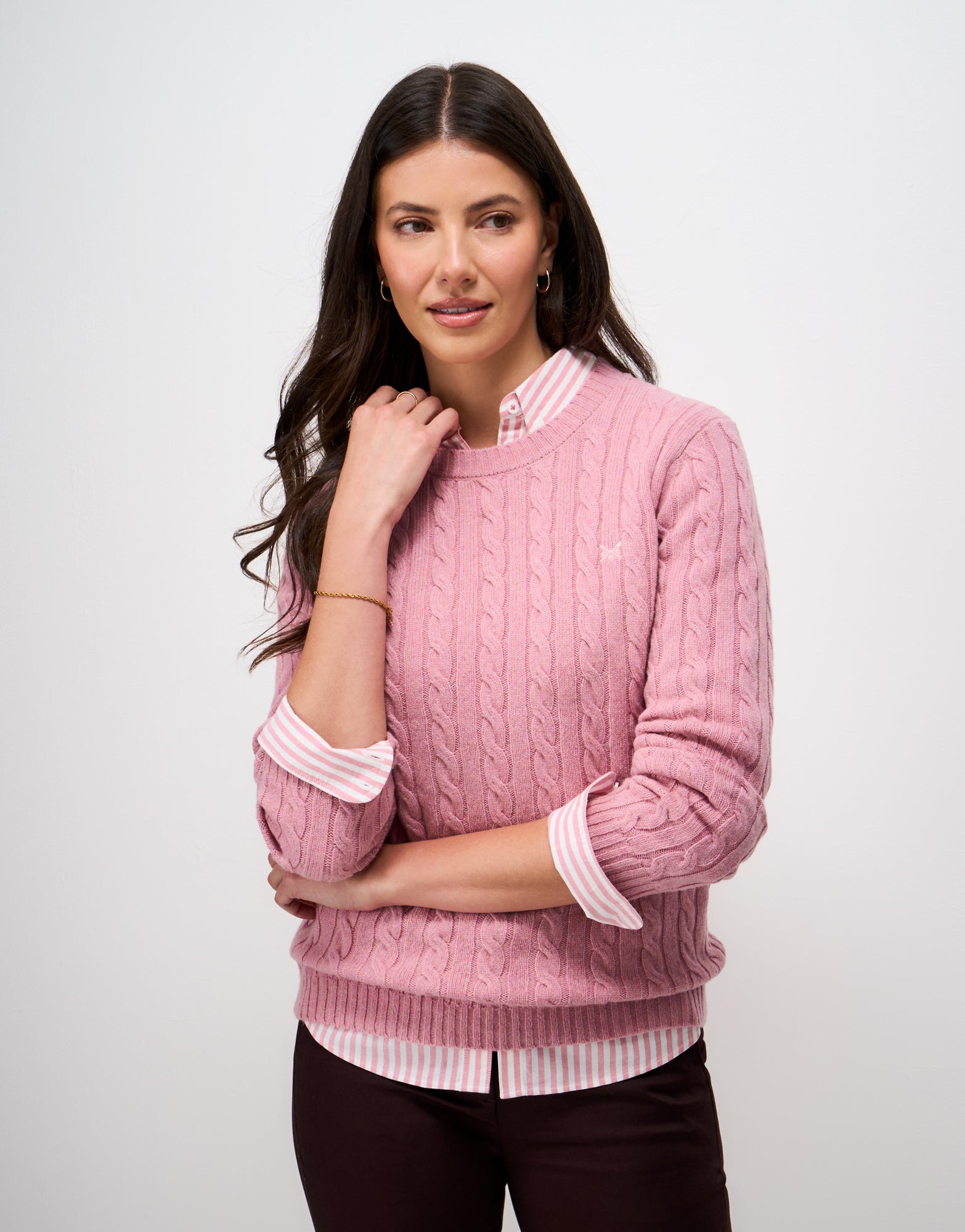Crew Clothing Women's Harmony Merino Blend Cable Crew Neck Jumper in Pink — shop and try on with AI characters