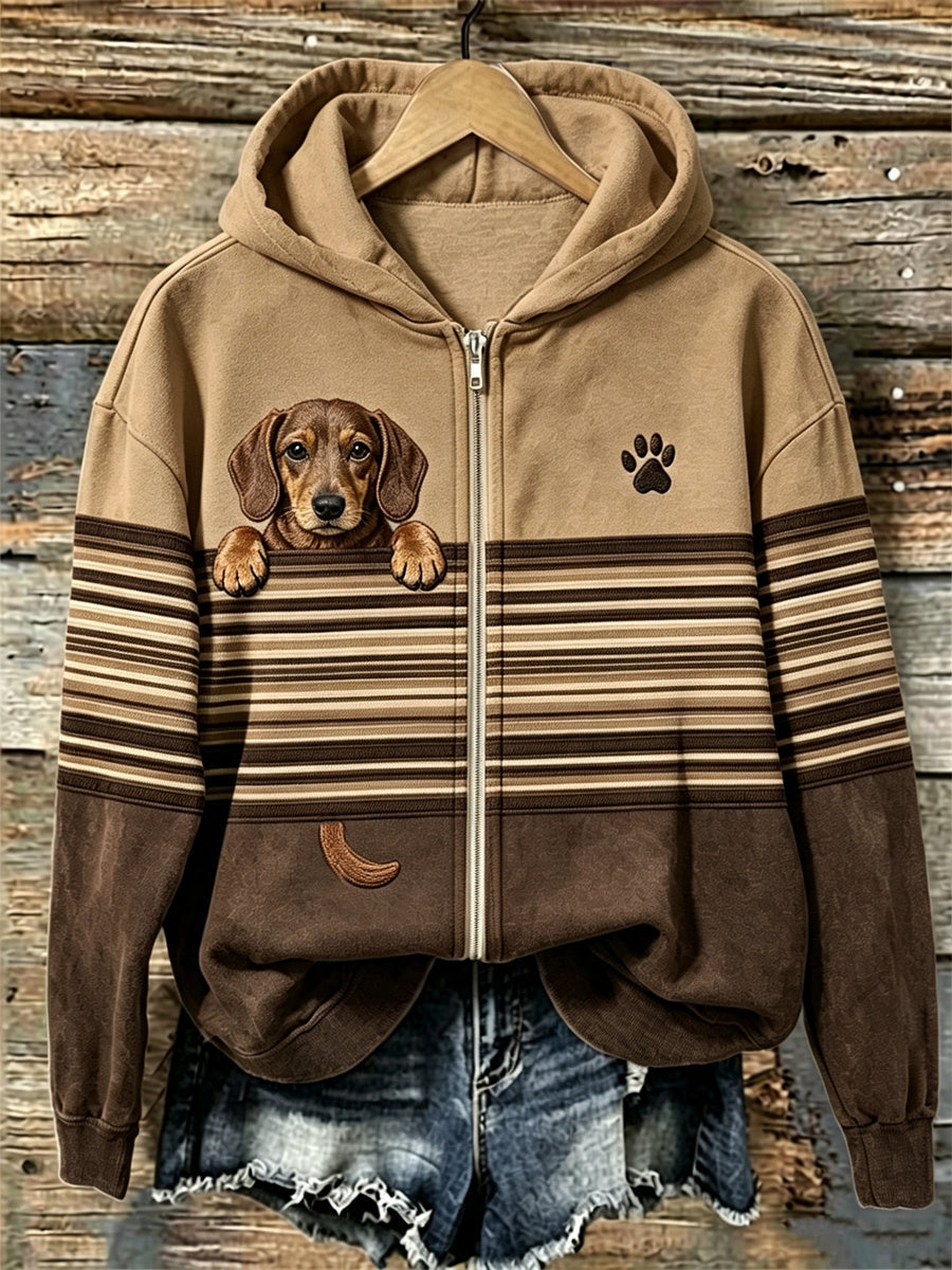 Women's Peeking Dachshund Dog Striped Contrast Color Full Zip Hoodie — shop and try on with AI characters