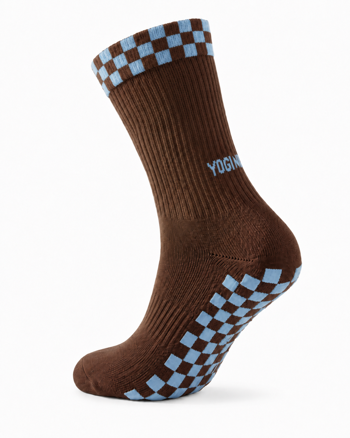 Eco Bamboo Pilates Grip Socks - Baby Blue Block On Chocolate — shop and try on with AI characters