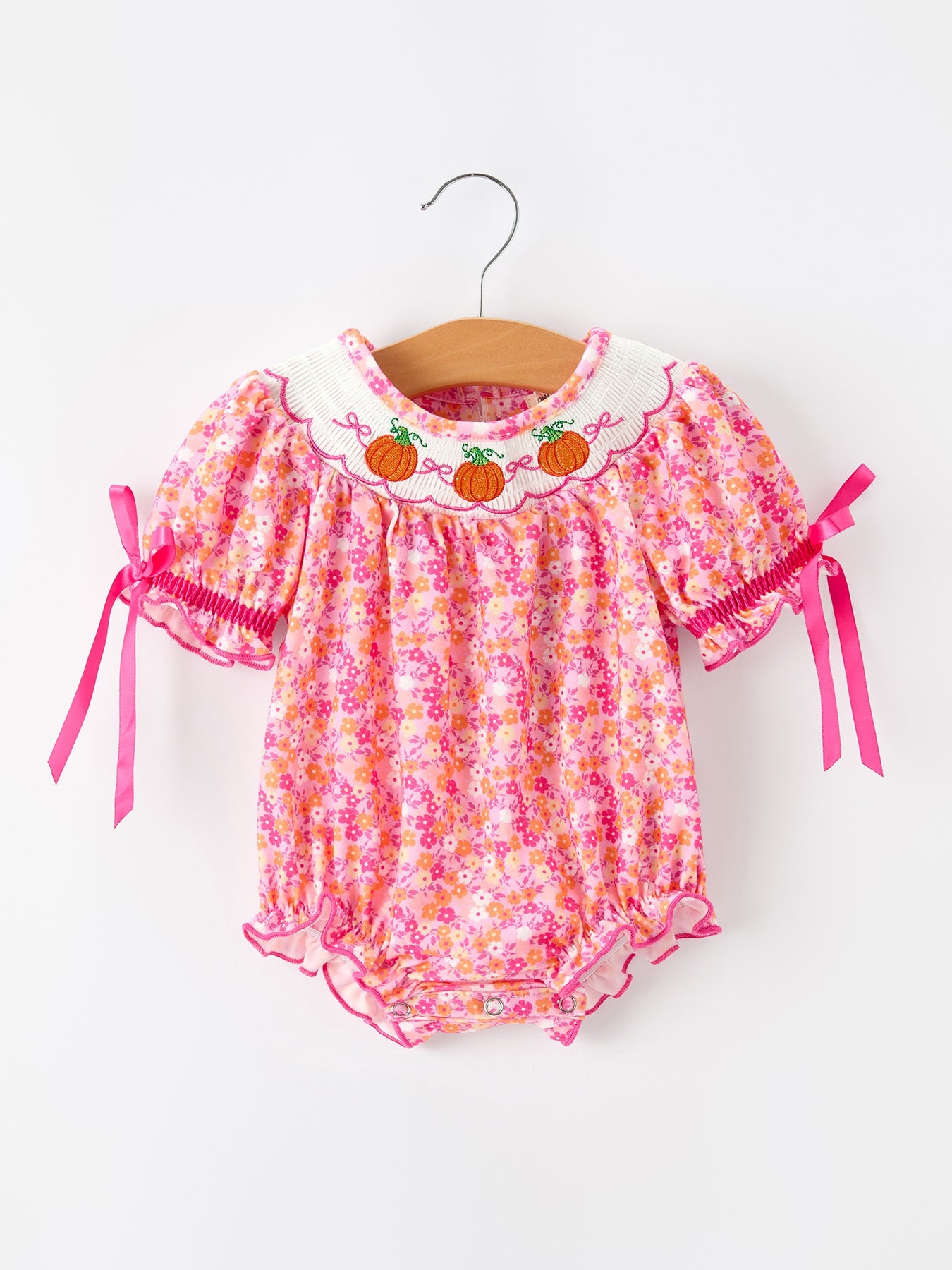 Girls Halloween & Thanksgiving Floral Smocked Bubble Romper — shop and try on with AI characters