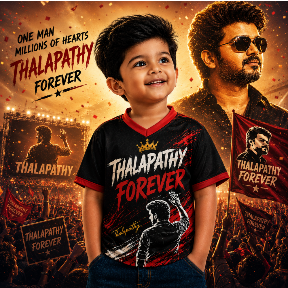 Thalapathy Forever Kids Fan Jersey | Premium Black & Red Half Sleeve T-Shirt for Boys — shop and try on with AI characters