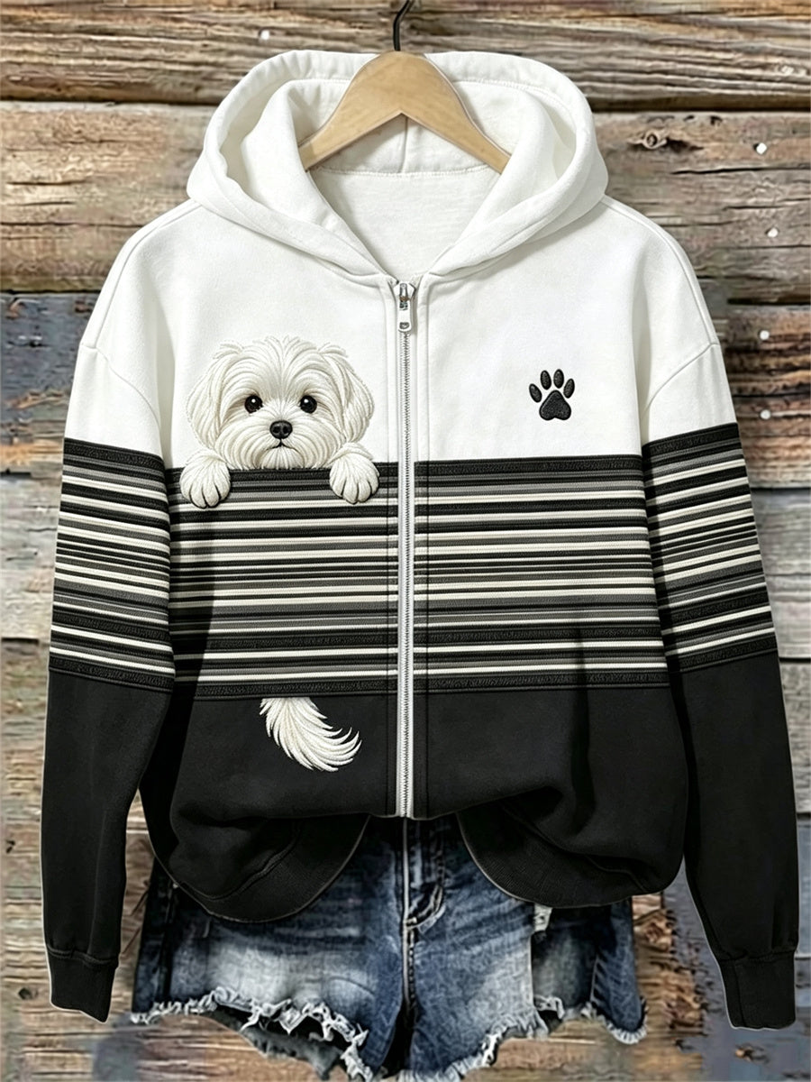 Women's Peeking Maltese Dog Striped Contrast Color Full Zip Hoodie — shop and try on with AI characters
