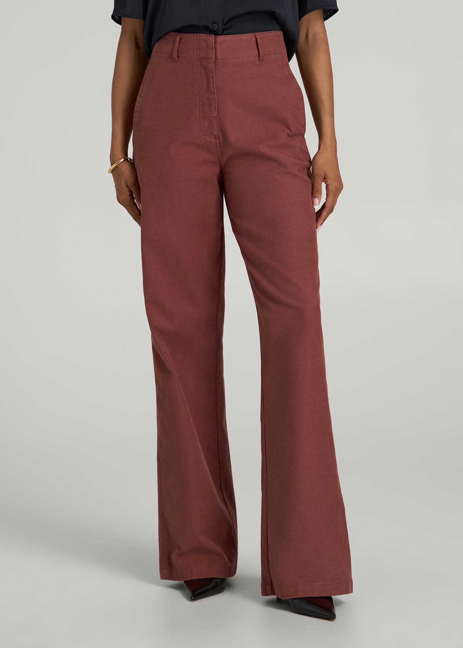 High Rise Wide Leg Flat Front Chinos for Tall Women in Intense Rust — shop and try on with AI characters