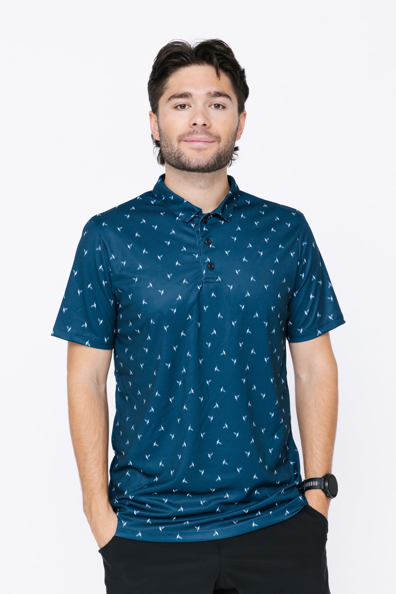 Men's Polo Shirt - Hummingbird Ditsy Onyx/White — shop and try on with AI characters
