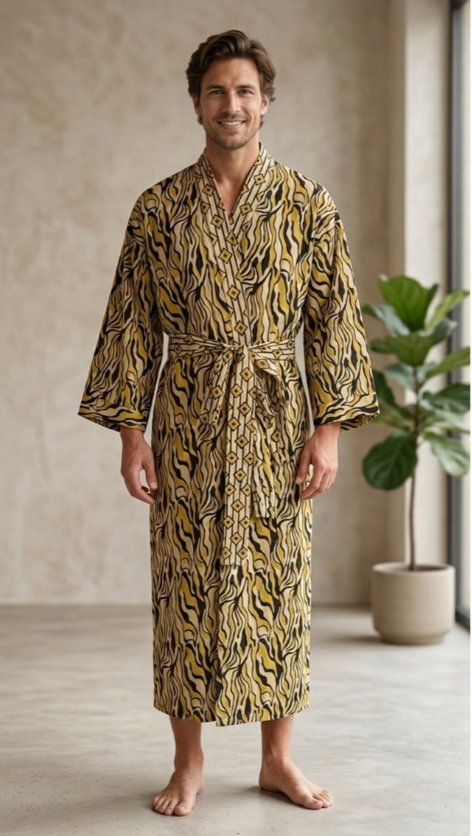 Mens Kimono Robe Cotton Handblock Dress, Indian Printed Man House Robe, Boho Beach Coverup Dressing Gown Lightweight Loungewear Gift For Him — shop and try on with AI characters