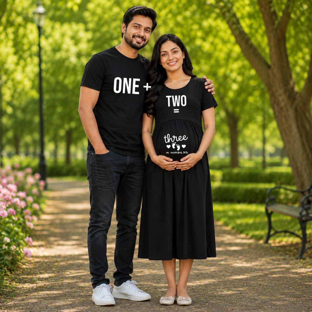 One Plus Two Equals Three Feeding & Nursing Dress with Matching Dad T-Shirt — shop and try on with AI characters