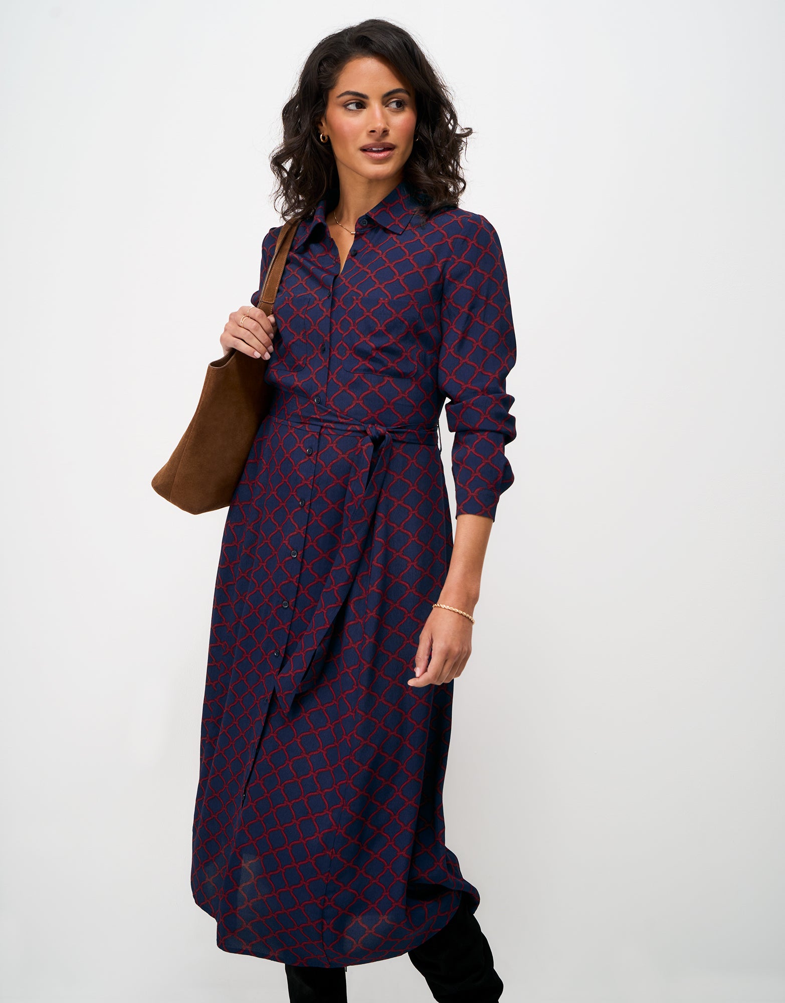 Crew Clothing Women's Long Sleeve Sienna Dress In Navy Rope — shop and try on with AI characters