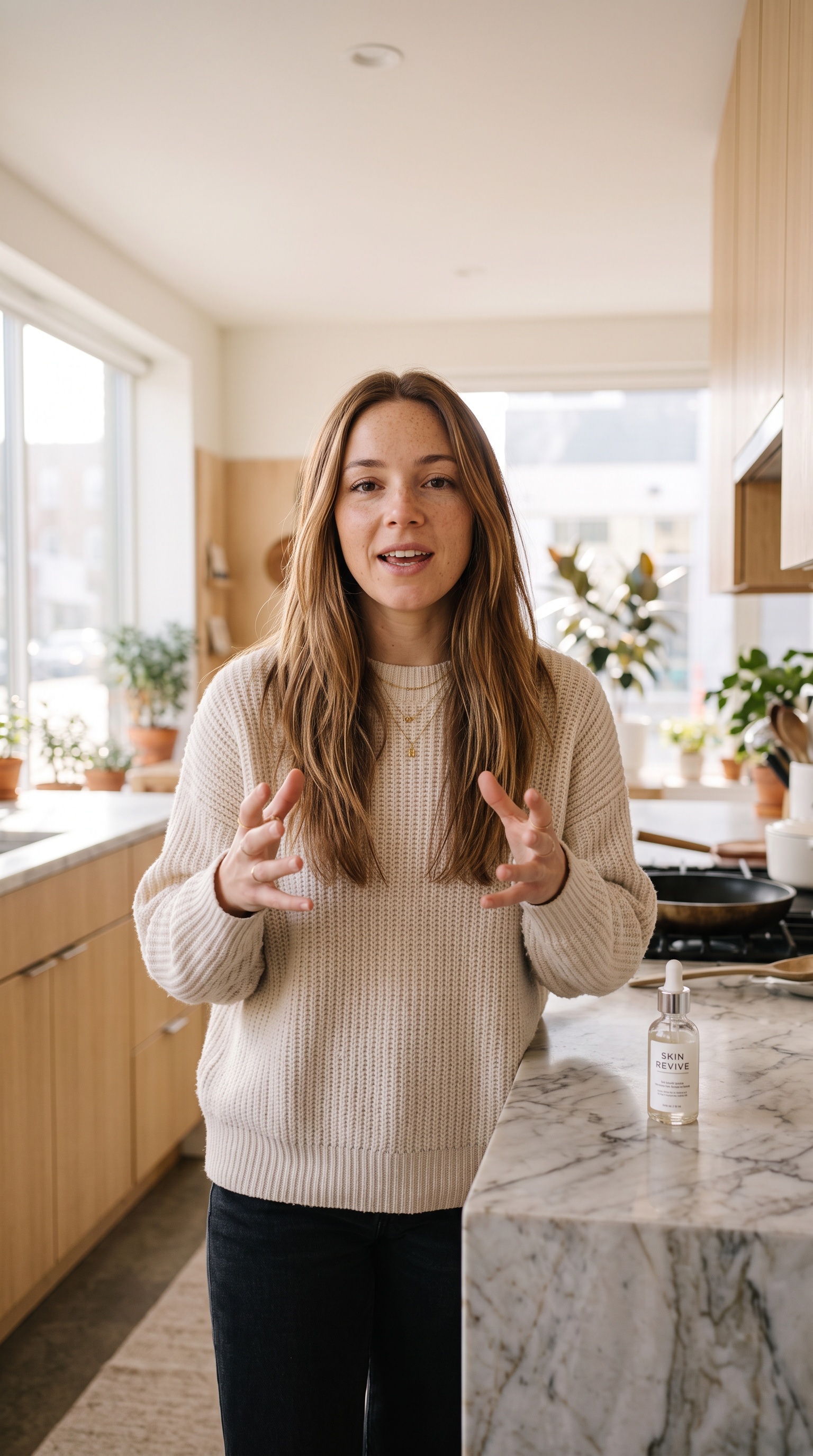 A vertical video still of the same AI influencer talking to camera in a kitchen.