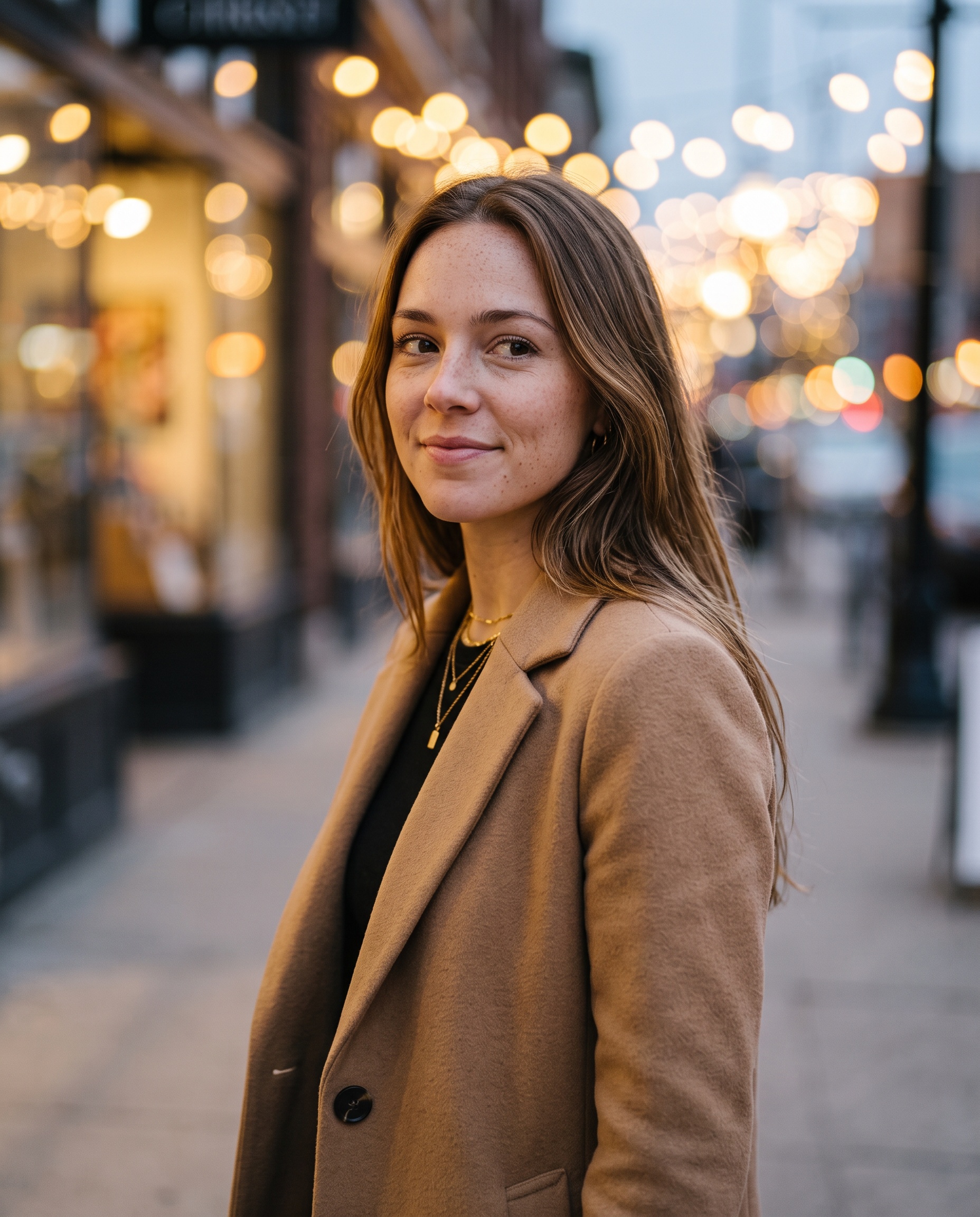 The same AI influencer again, on a city street at dusk.