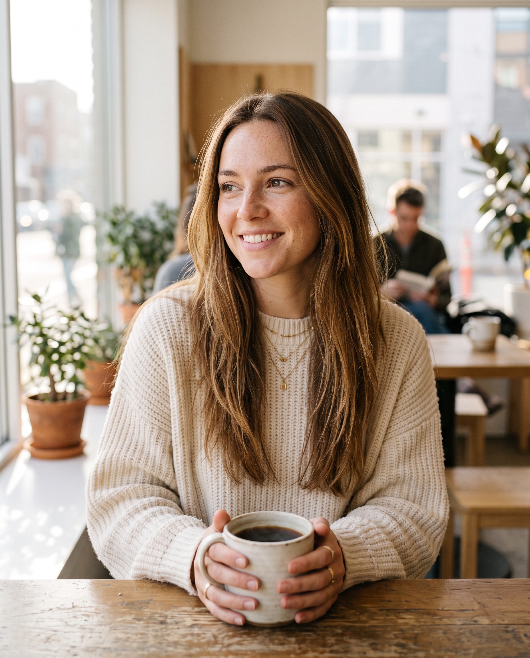 An AI influencer photographed in a bright cafe in the morning.