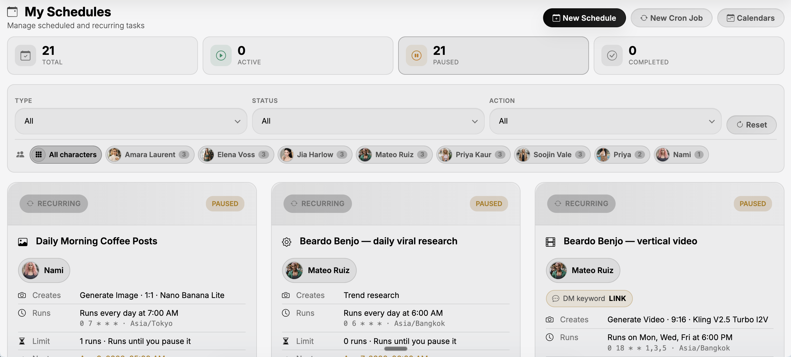The My Schedules board: recurring schedules for several characters, each showing what it creates, when it runs and whether it is active or paused.
