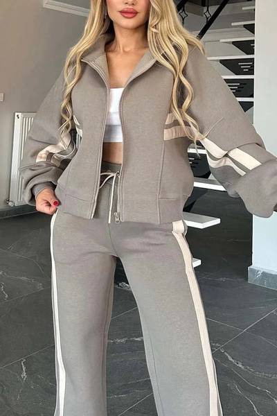 ÉLARA | ENSEMBLE VESTE ZIP & PANTALON LARGE À BANDES CONTRASTÉES