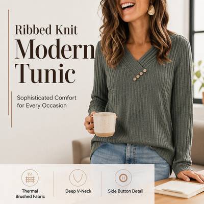 ✨ Women's Ribbed Knit V-Neck Top – Elegant Button Detail For A Chic Everyday Look🤍