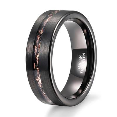 OAHLAN Fashion Jewelry 8mm Brushed Black Tungsten Carbide Ring for Men Sand Base Copper Slag Inlay Wedding Engagement Bands