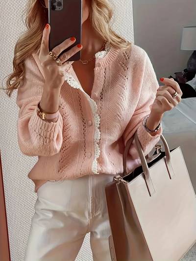 Gentle Style Short Sweater Women's Design Lace Cardigan Jacket Knitted Top