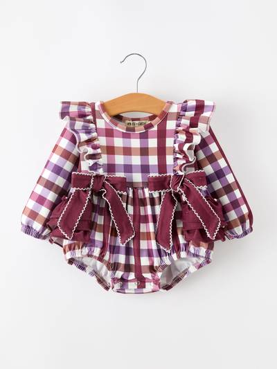 Fall Plaid Bow Ruffle Girls Bubble Romper