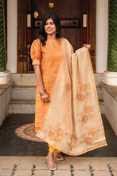 Aurel Yellow 3 Piece Tussar Silk Blend Printed Kurta with Pant & Dupatta