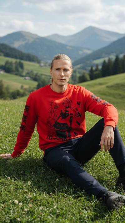 The same red graphic sweatshirt worn by a male AI influencer sitting on a hillside.